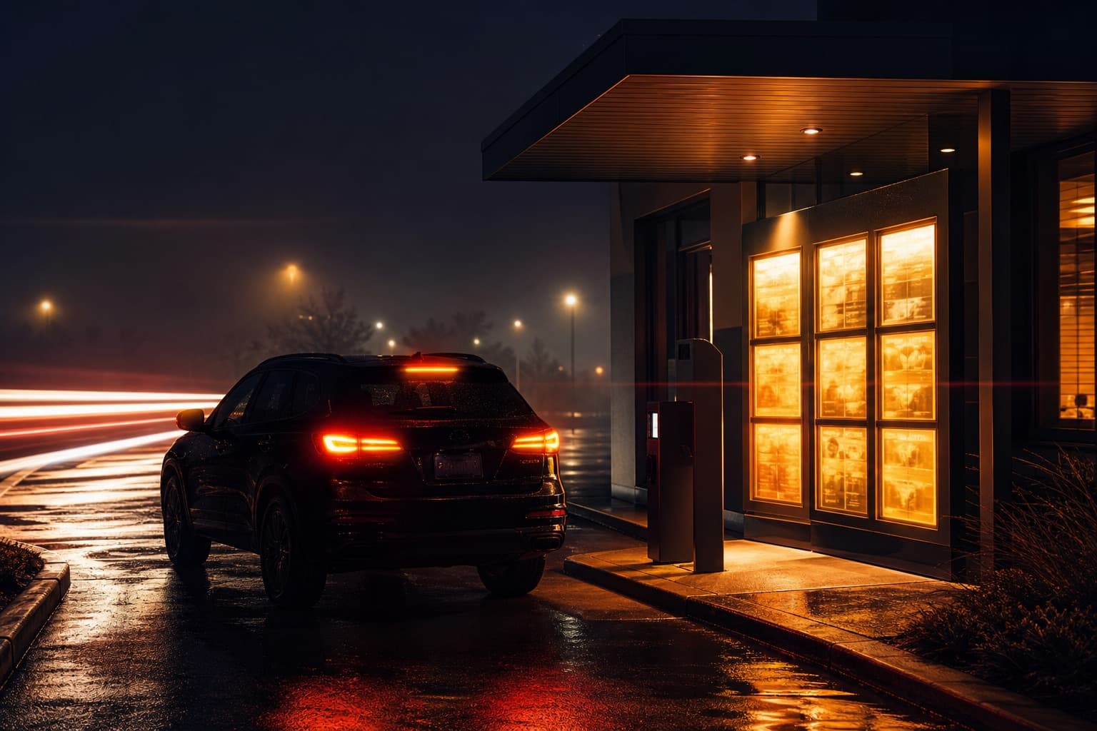 A drive-thru lane at night running TalkThru voice AI
