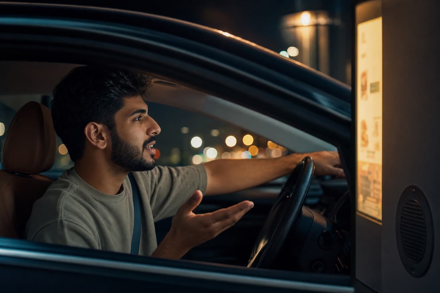 A customer ordering by voice at the drive-thru speaker